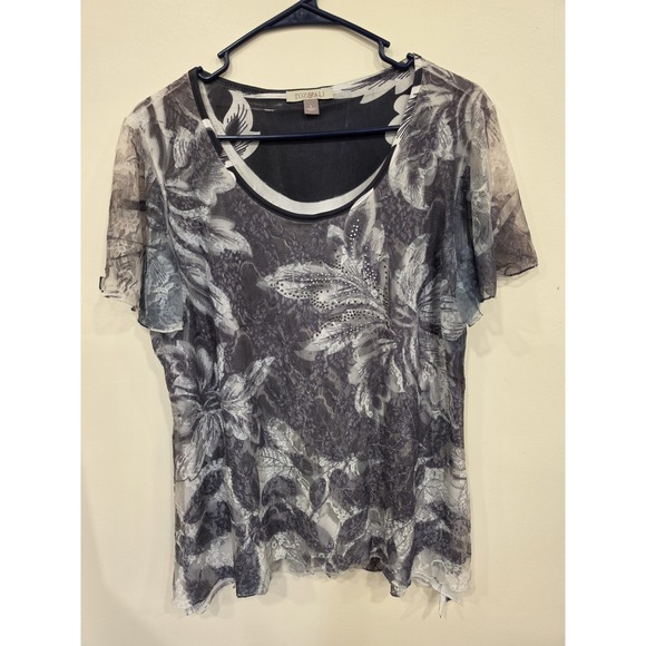 Roz And Ali Tops - Vintage Floral Mesh Top Womens Large Sheer Layered Rhinestone Fairy Romantic